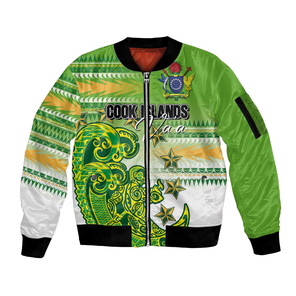 Personalised Cook Islands Va'a Race Sleeve Zip Bomber Jacket Te Tatau Tattoos Sporty Style Green-White Color LT03 Unisex Green - Polynesian Pride