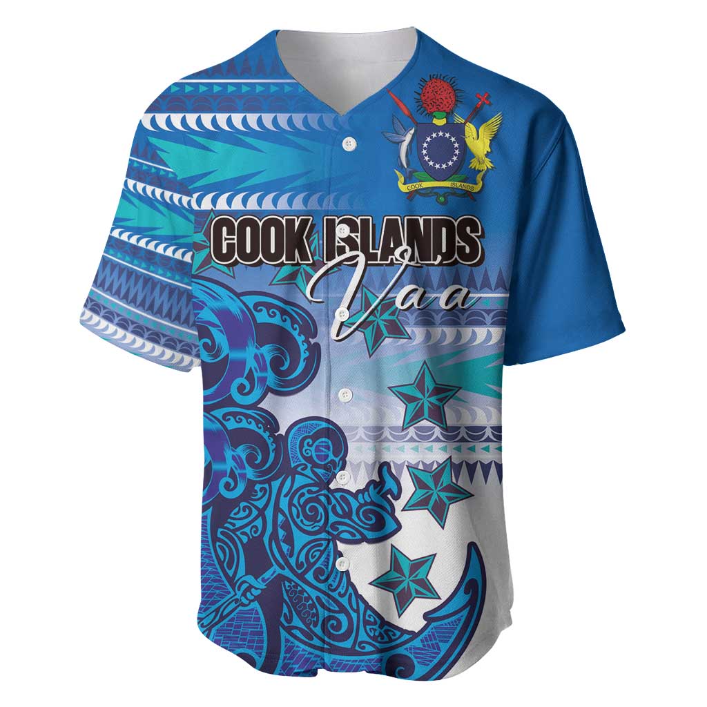 Personalised Cook Islands Va'a Race Baseball Jersey Te Tatau Tattoos Sporty Style Light Blue Color LT03 Blue - Polynesian Pride