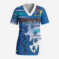 Personalised Cook Islands Va'a Race Scrub Top Te Tatau Tattoos Sporty Style Light Blue Color LT03 Adult Blue - Polynesian Pride