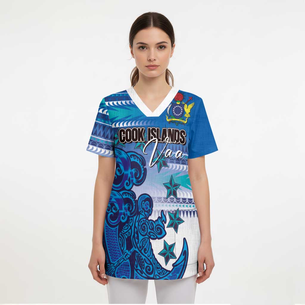 Personalised Cook Islands Va'a Race Scrub Top Te Tatau Tattoos Sporty Style Light Blue Color LT03 - Polynesian Pride