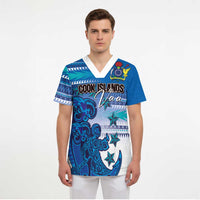 Personalised Cook Islands Va'a Race Scrub Top Te Tatau Tattoos Sporty Style Light Blue Color LT03 - Polynesian Pride