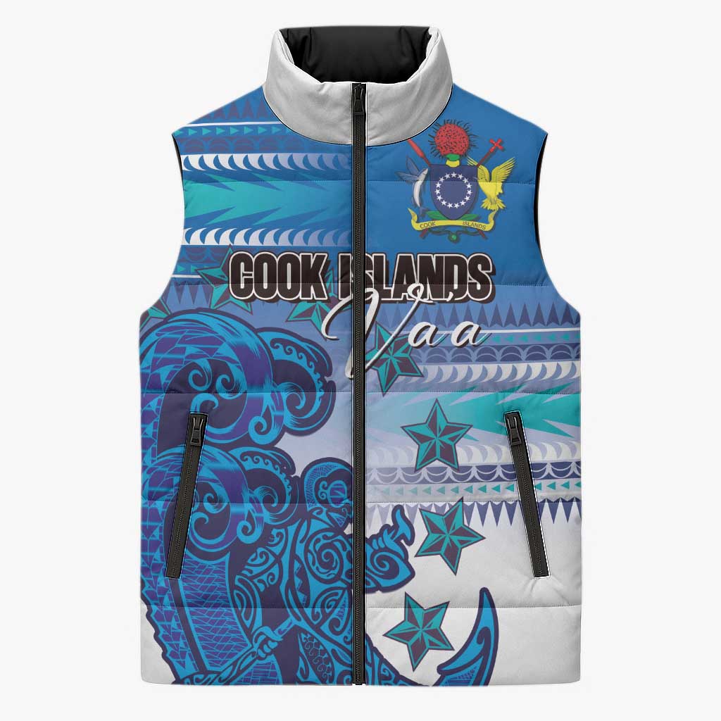 Personalised Cook Islands Va'a Race Sleeveless Puffer Jacket Te Tatau Tattoos Sporty Style Light Blue Color LT03 Unisex Blue - Polynesian Pride