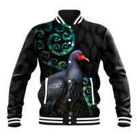 Custom Pukeko New Zealand Baseball Jacket Koru Papua Shell with Silver Fern Pattern LT03 Unisex Black - Polynesian Pride