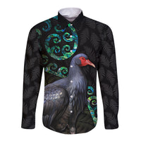 Custom Pukeko New Zealand Long Sleeve Button Shirt Koru Papua Shell with Silver Fern Pattern LT03 Unisex Black - Polynesian Pride