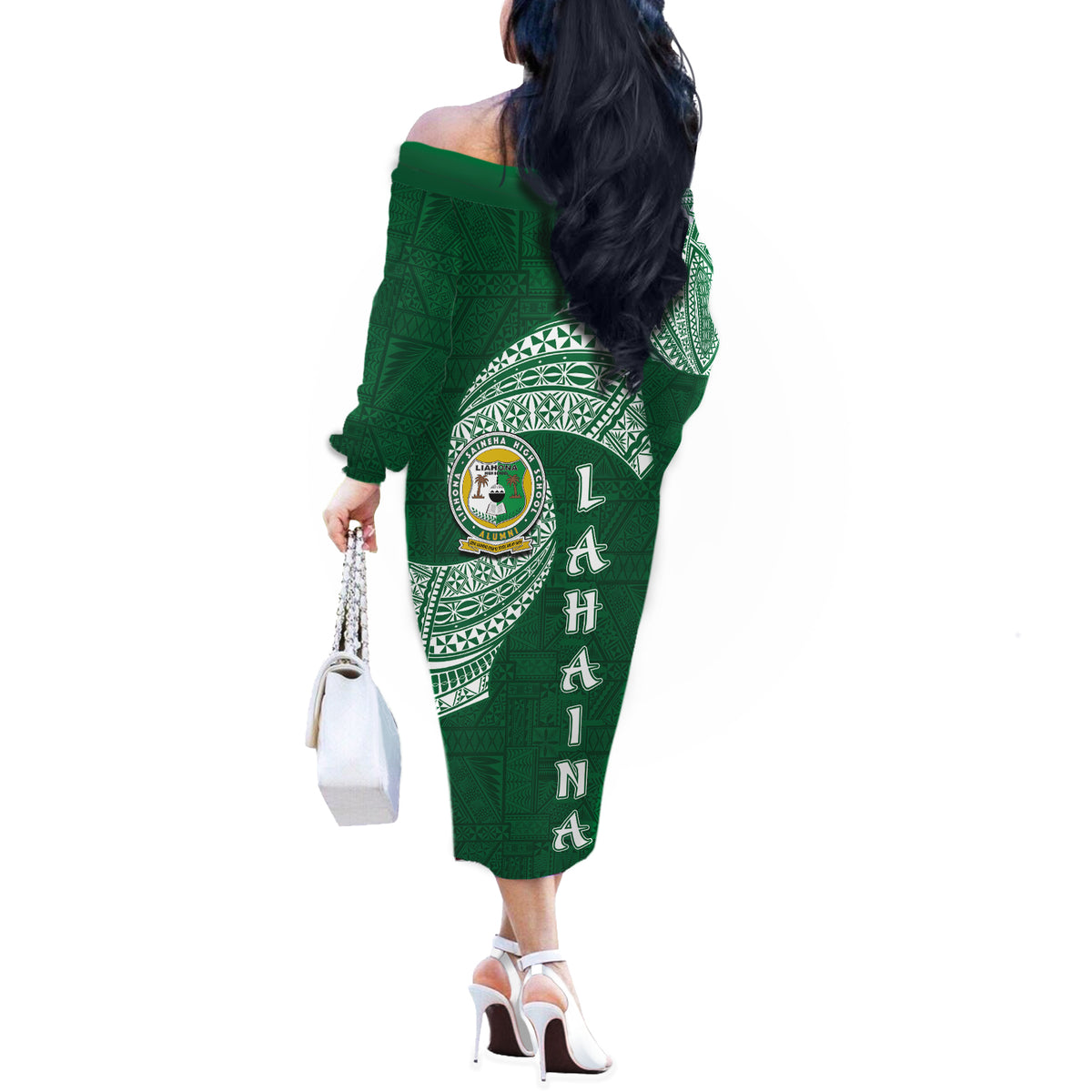 Tonga Lahaina High School Off The Shoulder Long Sleeve Dress Traditional Ngatu and Polynesian Pattern LT03 - Polynesian Pride