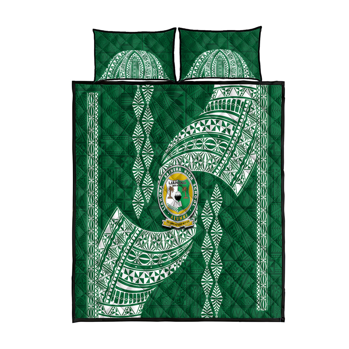 Tonga Lahaina High School Quilt Bed Set Traditional Ngatu and Polynesian Pattern LT03 Green - Polynesian Pride