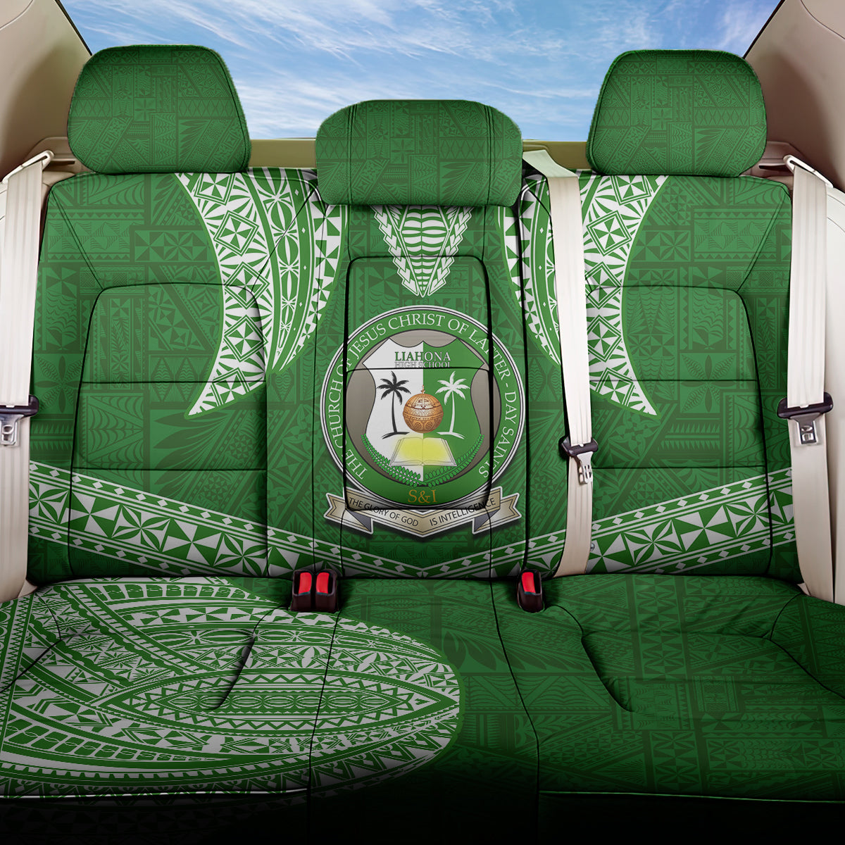 Tonga Liahona High School Back Car Seat Cover Traditional Ngatu and Polynesian Pattern LT03 One Size Green - Polynesian Pride