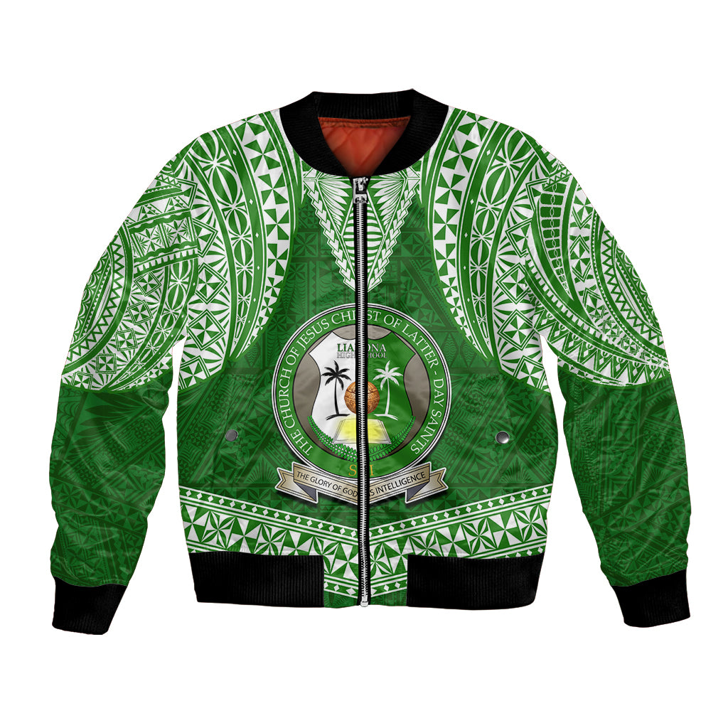 Tonga Liahona High School Bomber Jacket Traditional Ngatu and Polynesian Pattern LT03 Unisex Green - Polynesian Pride