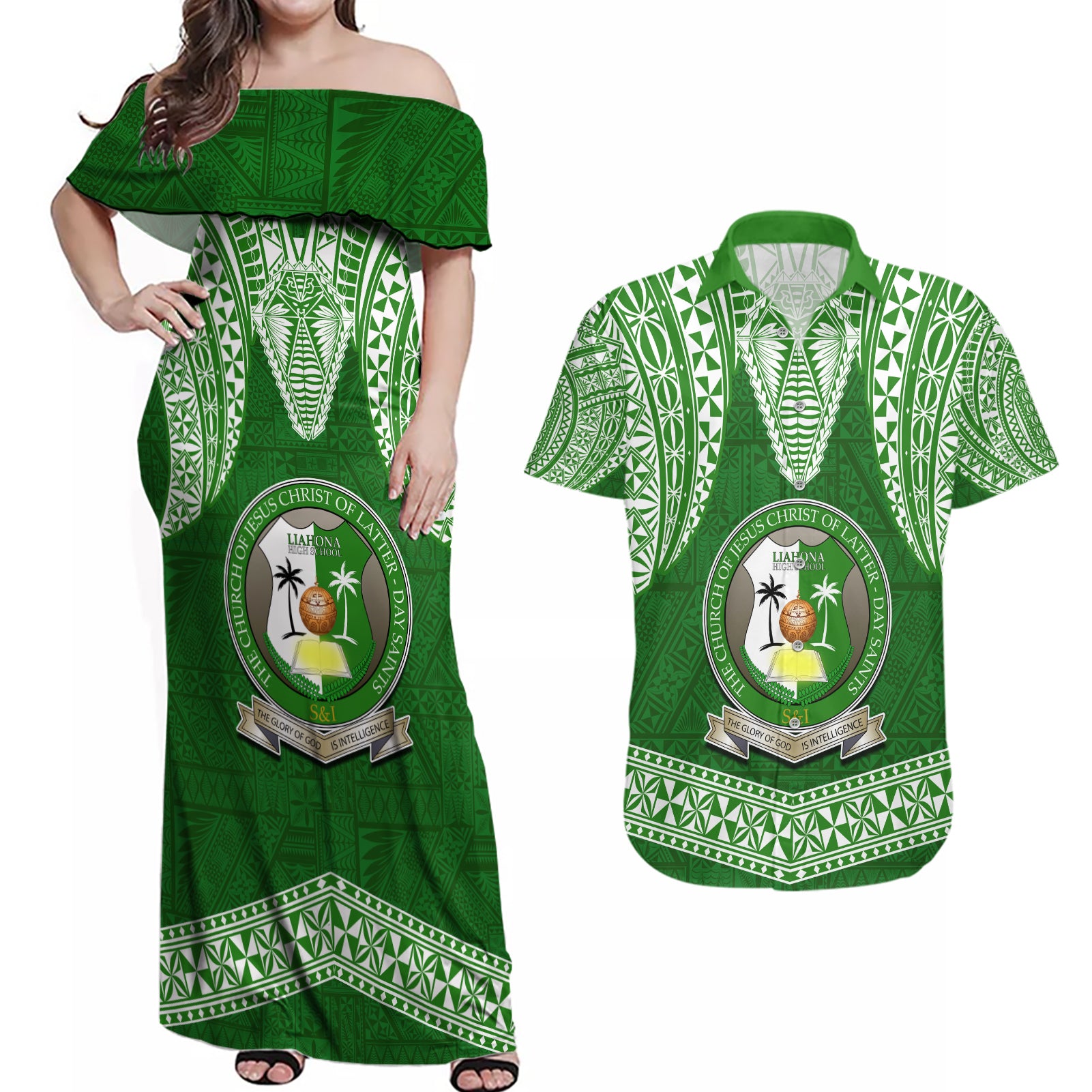 Tonga Liahona High School Couples Matching Off Shoulder Maxi Dress and Hawaiian Shirt Traditional Ngatu and Polynesian Pattern LT03 Green - Polynesian Pride