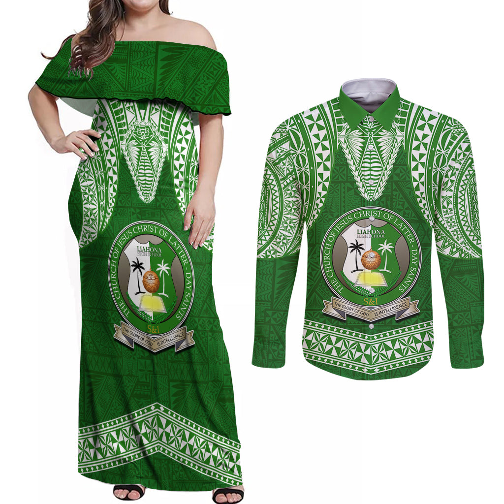 Tonga Liahona High School Couples Matching Off Shoulder Maxi Dress and Long Sleeve Button Shirt Traditional Ngatu and Polynesian Pattern LT03 Green - Polynesian Pride