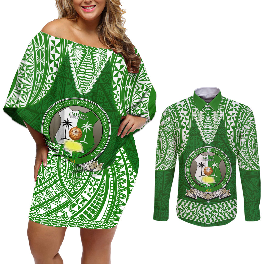 Tonga Liahona High School Couples Matching Off Shoulder Short Dress and Long Sleeve Button Shirt Traditional Ngatu and Polynesian Pattern LT03 Green - Polynesian Pride