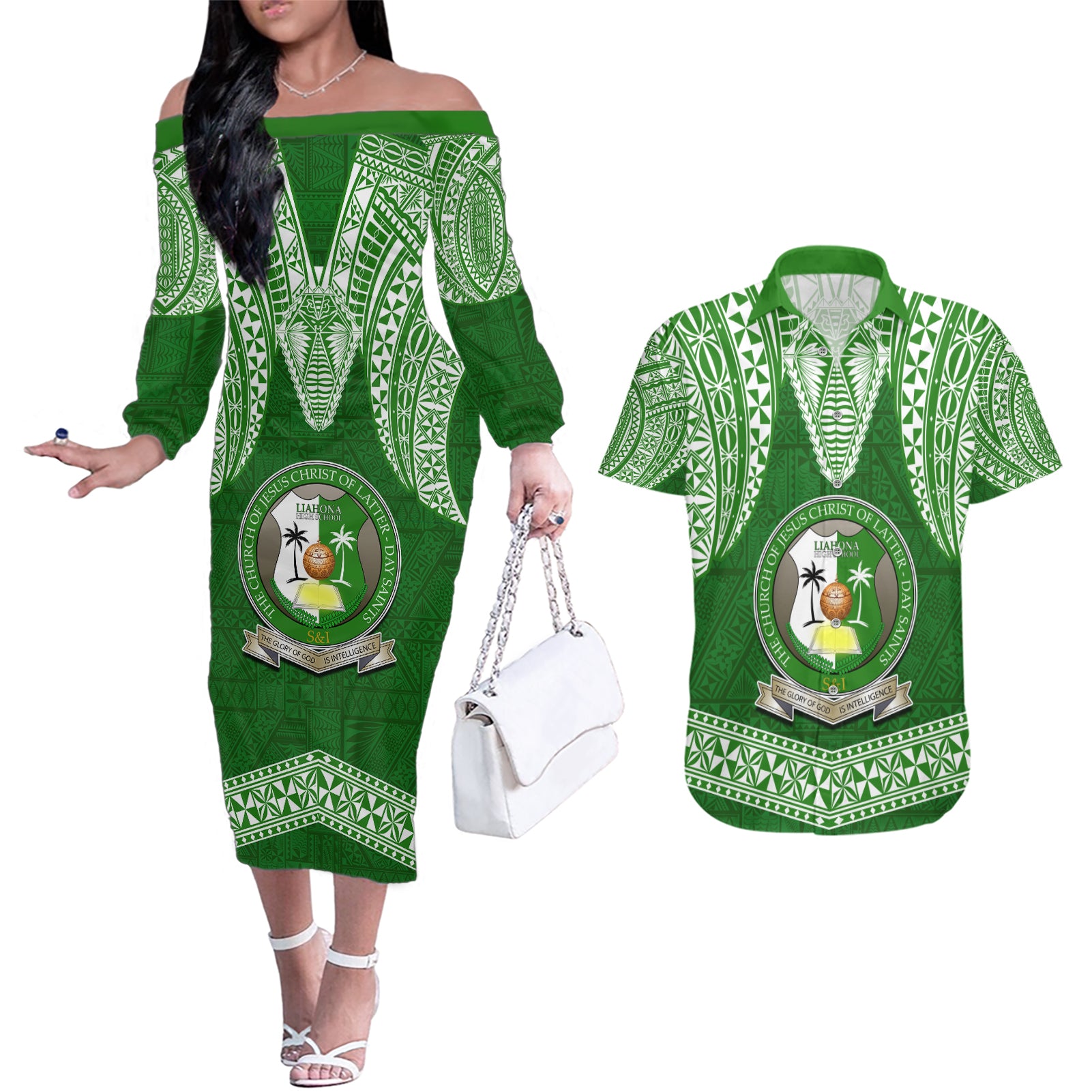 Tonga Liahona High School Couples Matching Off The Shoulder Long Sleeve Dress and Hawaiian Shirt Traditional Ngatu and Polynesian Pattern LT03 Green - Polynesian Pride