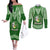 Tonga Liahona High School Couples Matching Off The Shoulder Long Sleeve Dress and Long Sleeve Button Shirt Traditional Ngatu and Polynesian Pattern LT03 Green - Polynesian Pride