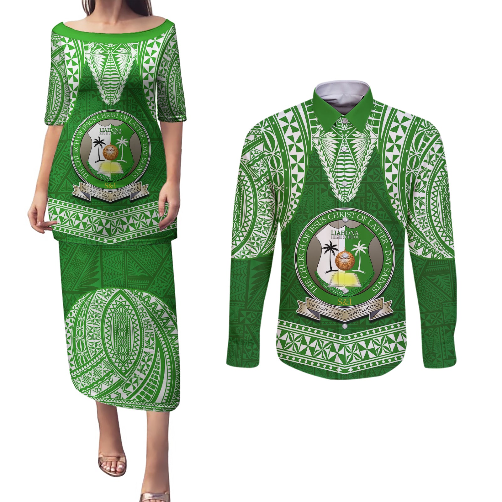 Tonga Liahona High School Couples Matching Puletasi Dress and Long Sleeve Button Shirt Traditional Ngatu and Polynesian Pattern LT03 Green - Polynesian Pride