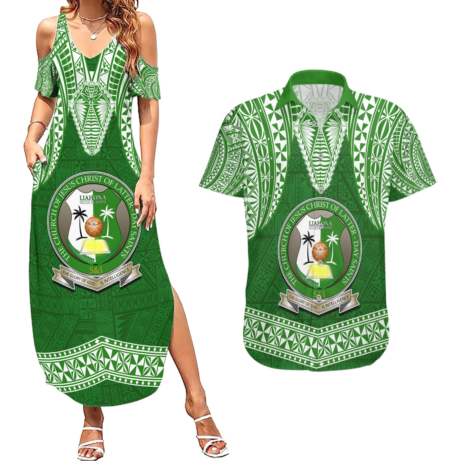 Tonga Liahona High School Couples Matching Summer Maxi Dress and Hawaiian Shirt Traditional Ngatu and Polynesian Pattern LT03 Green - Polynesian Pride