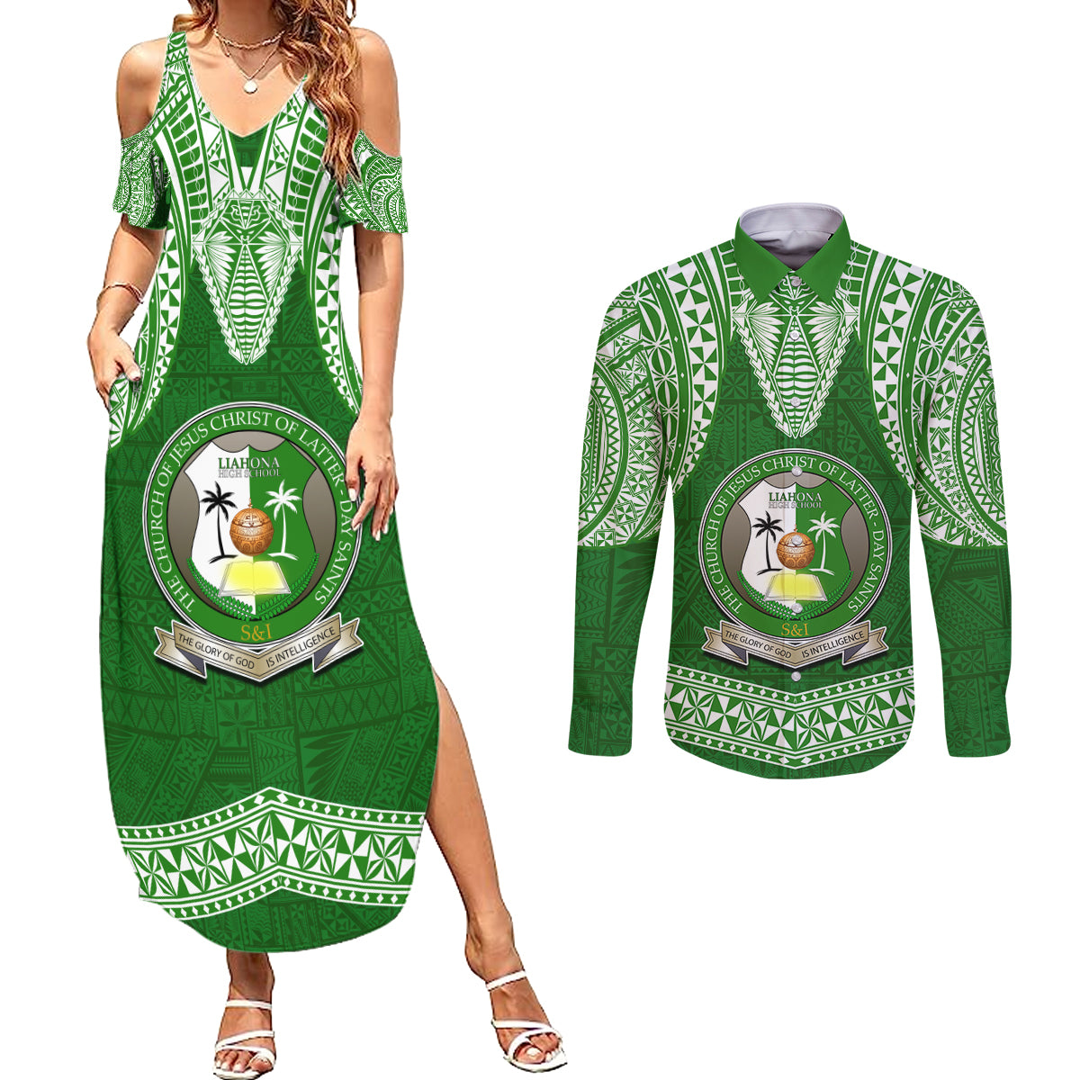 Tonga Liahona High School Couples Matching Summer Maxi Dress and Long Sleeve Button Shirt Traditional Ngatu and Polynesian Pattern LT03 Green - Polynesian Pride