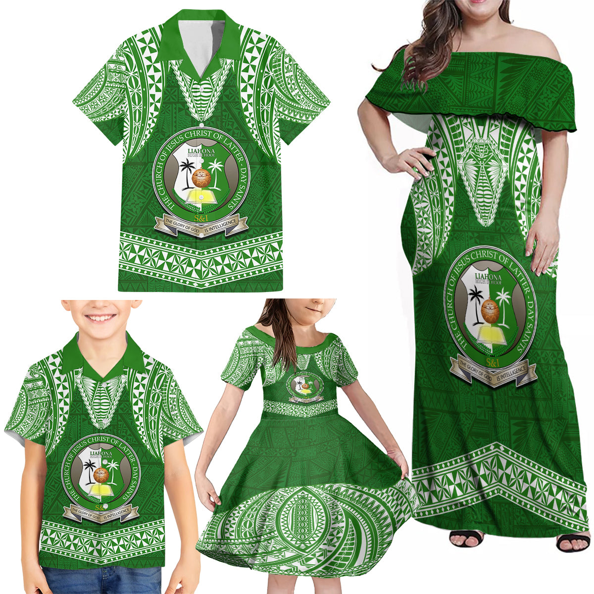 Tonga Liahona High School Family Matching Off Shoulder Maxi Dress and Hawaiian Shirt Traditional Ngatu and Polynesian Pattern LT03 - Polynesian Pride