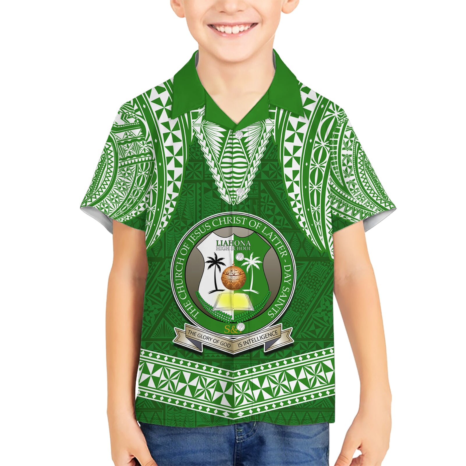 Tonga Liahona High School Kid Hawaiian Shirt Traditional Ngatu and Polynesian Pattern LT03 Kid Green - Polynesian Pride