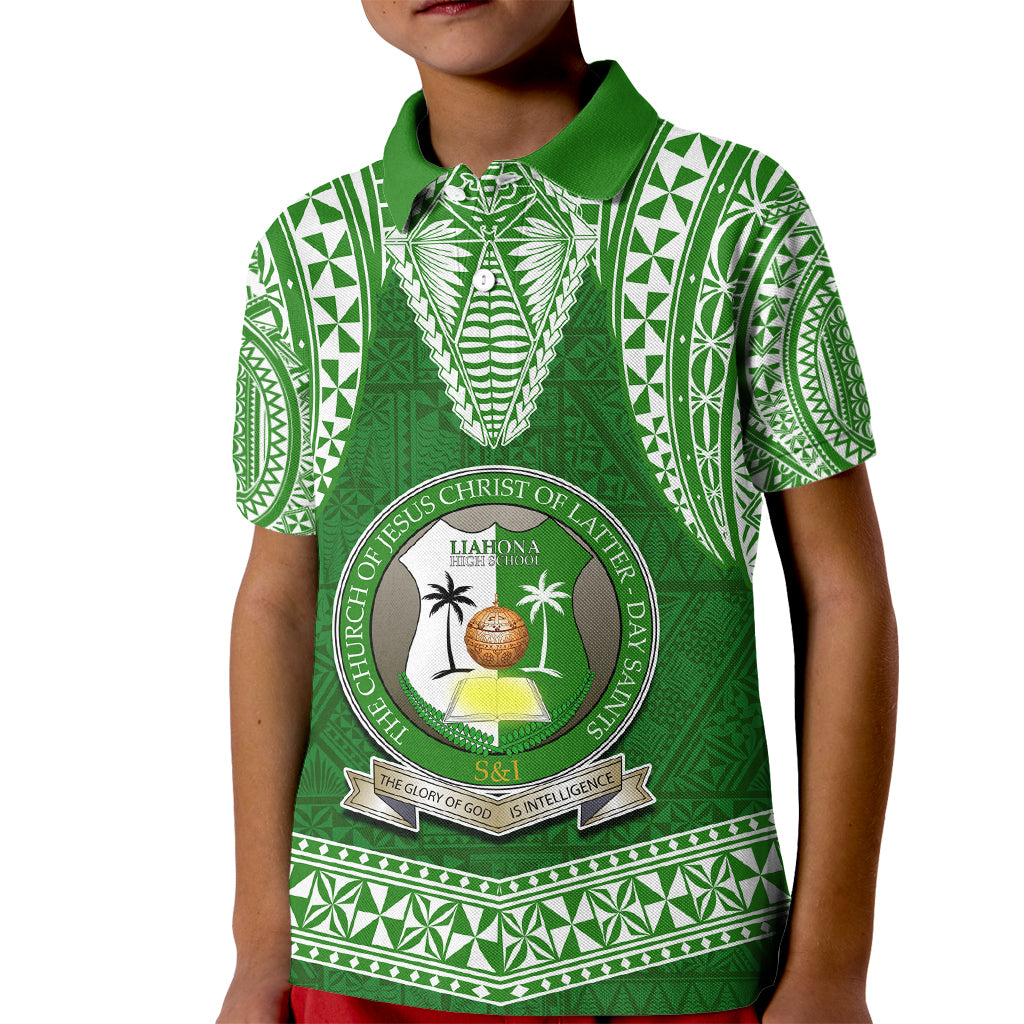 Tonga Liahona High School Kid Polo Shirt Traditional Ngatu and Polynesian Pattern LT03 Kid Green - Polynesian Pride