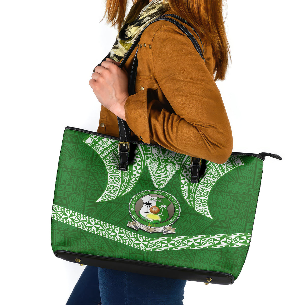 Tonga Liahona High School Leather Tote Bag Traditional Ngatu and Polynesian Pattern LT03 Green - Polynesian Pride