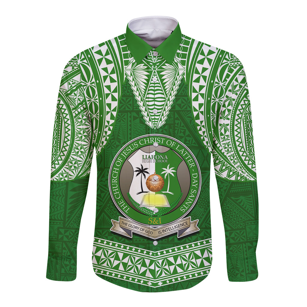 Tonga Liahona High School Long Sleeve Button Shirt Traditional Ngatu and Polynesian Pattern LT03 Unisex Green - Polynesian Pride