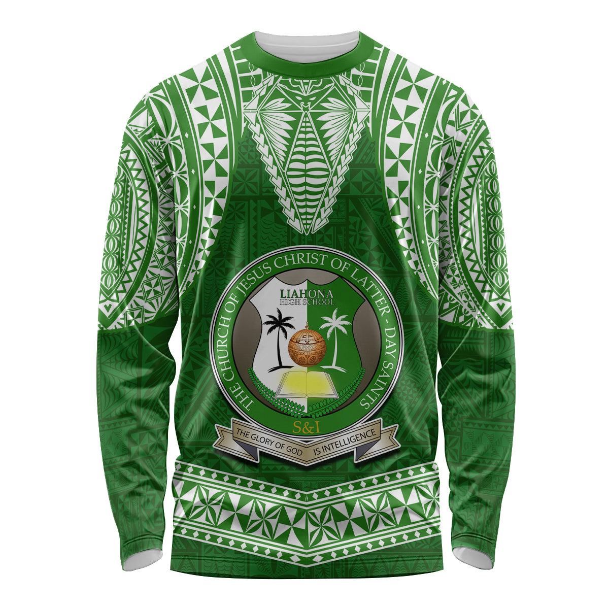 Tonga Liahona High School Long Sleeve Shirt Traditional Ngatu and Polynesian Pattern LT03 Unisex Green - Polynesian Pride