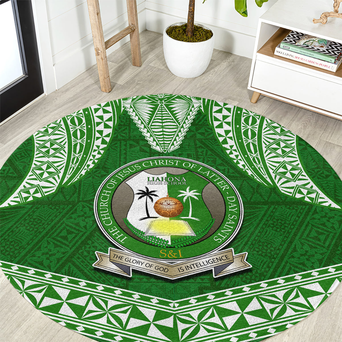 Tonga Liahona High School Round Carpet Traditional Ngatu and Polynesian Pattern LT03 Green - Polynesian Pride