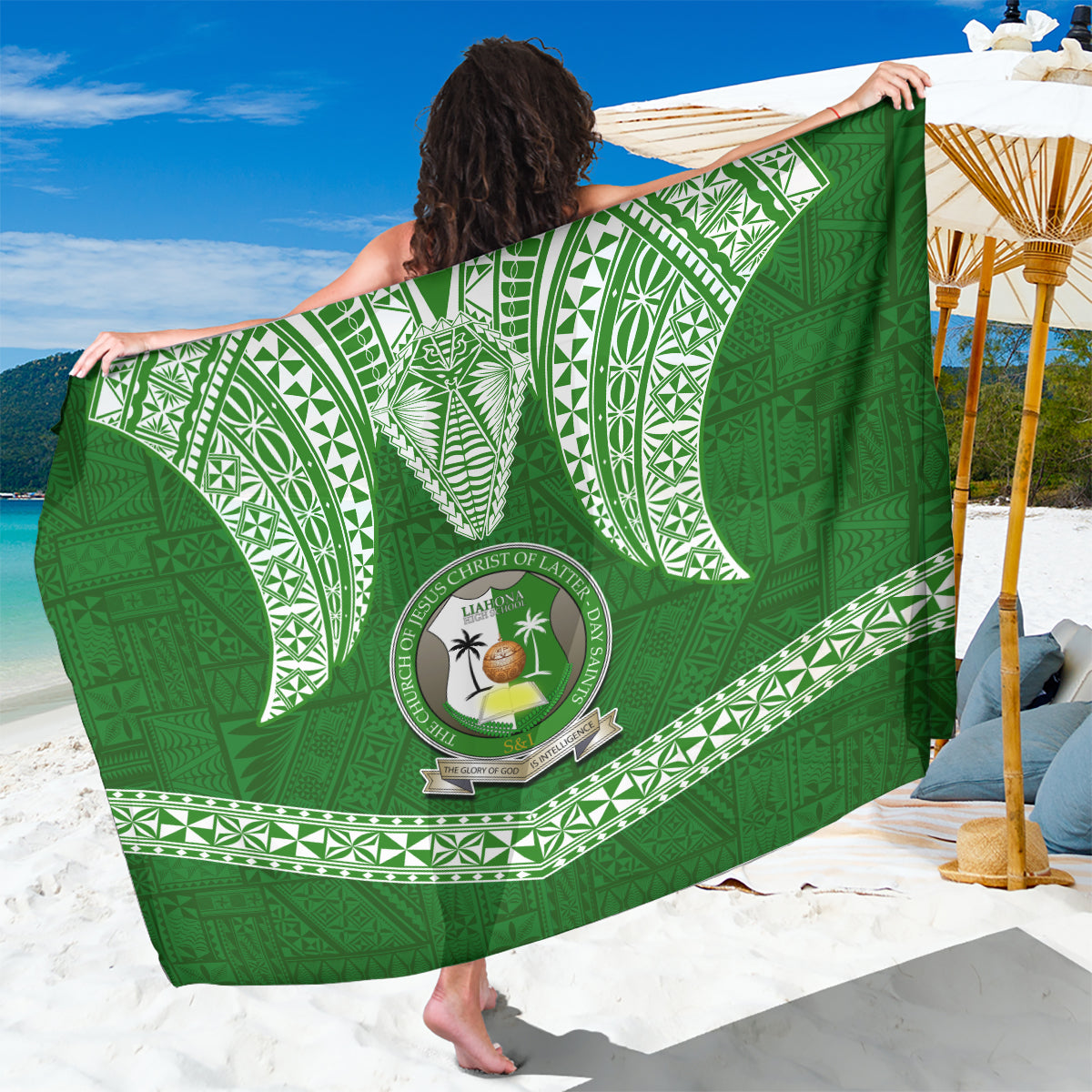 Tonga Liahona High School Sarong Traditional Ngatu and Polynesian Pattern LT03 One Size 44 x 66 inches Green - Polynesian Pride