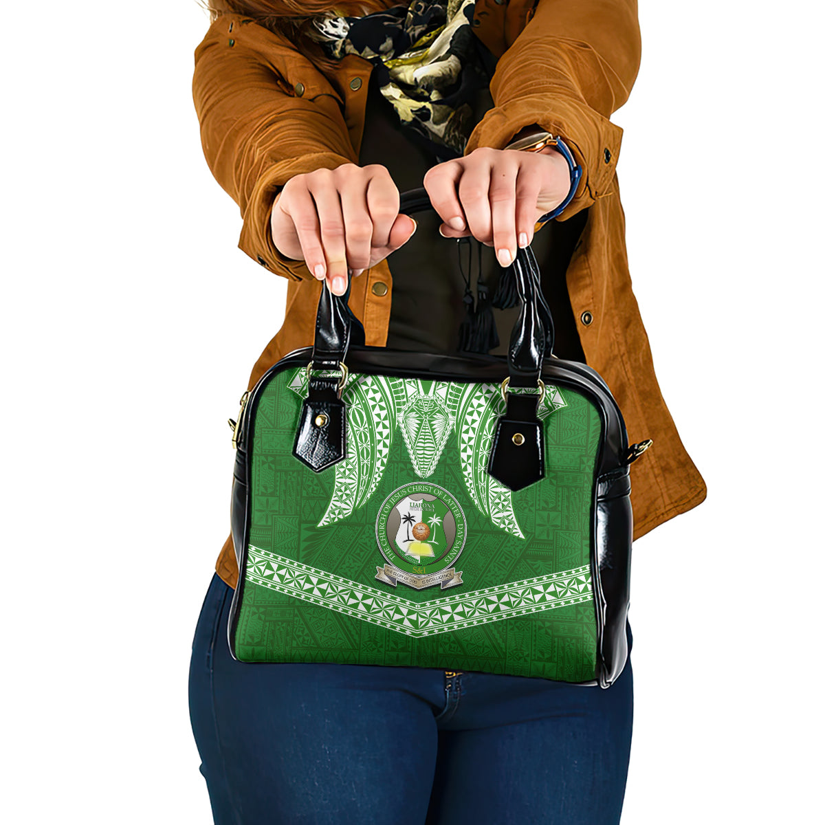 Tonga Liahona High School Shoulder Handbag Traditional Ngatu and Polynesian Pattern LT03 One Size Green - Polynesian Pride