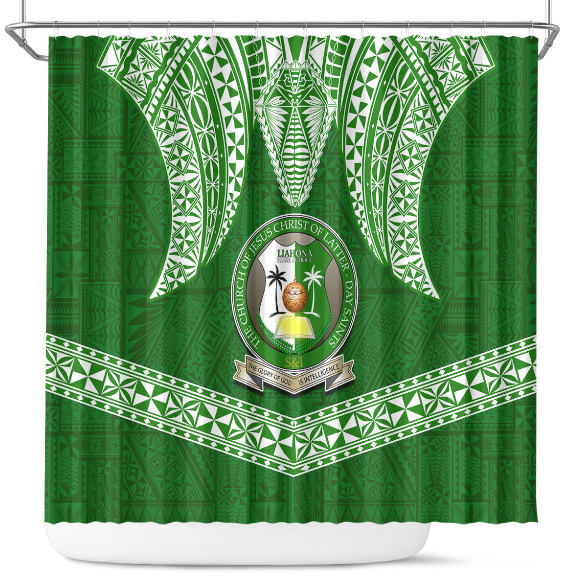 Tonga Liahona High School Shower Curtain Traditional Ngatu and Polynesian Pattern LT03 Green - Polynesian Pride