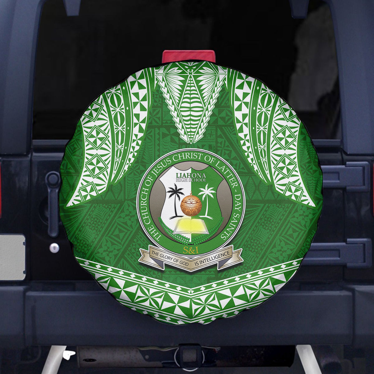 Tonga Liahona High School Spare Tire Cover Traditional Ngatu and Polynesian Pattern LT03 Green - Polynesian Pride