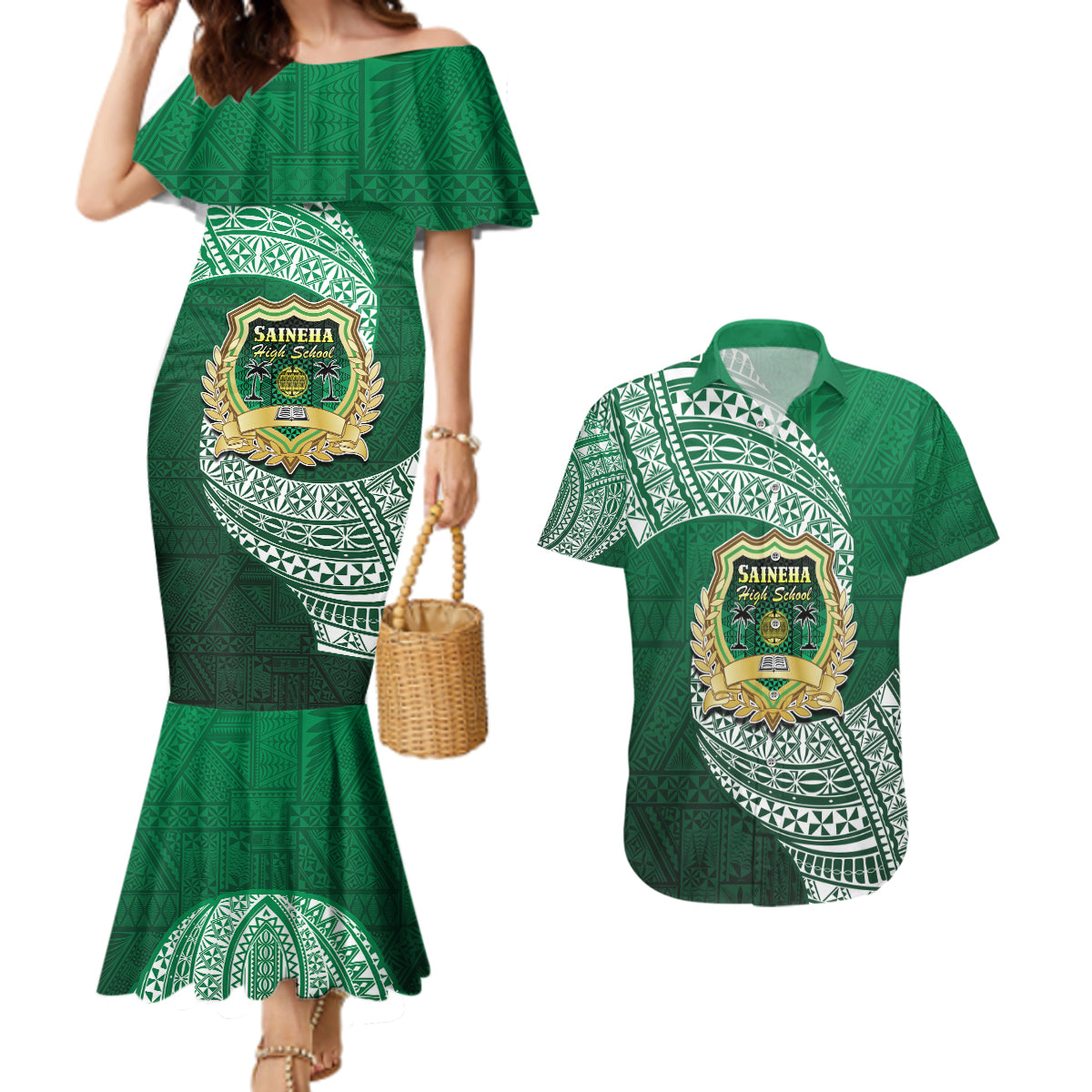 Tonga Saineha High School Couples Matching Mermaid Dress and Hawaiian Shirt Traditional Ngatu and Polynesian Pattern LT03 Green - Polynesian Pride