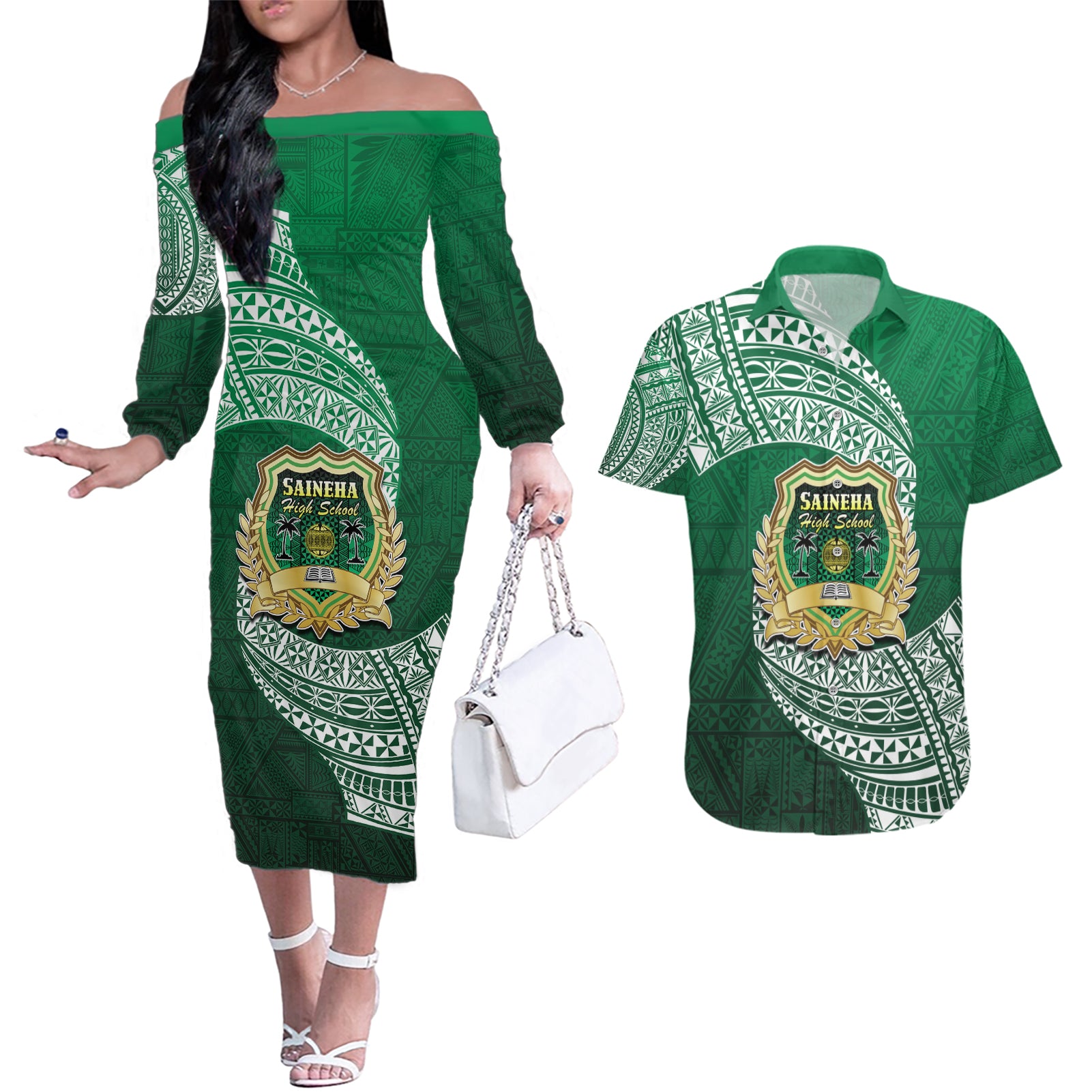 Tonga Saineha High School Couples Matching Off The Shoulder Long Sleeve Dress and Hawaiian Shirt Traditional Ngatu and Polynesian Pattern LT03 Green - Polynesian Pride