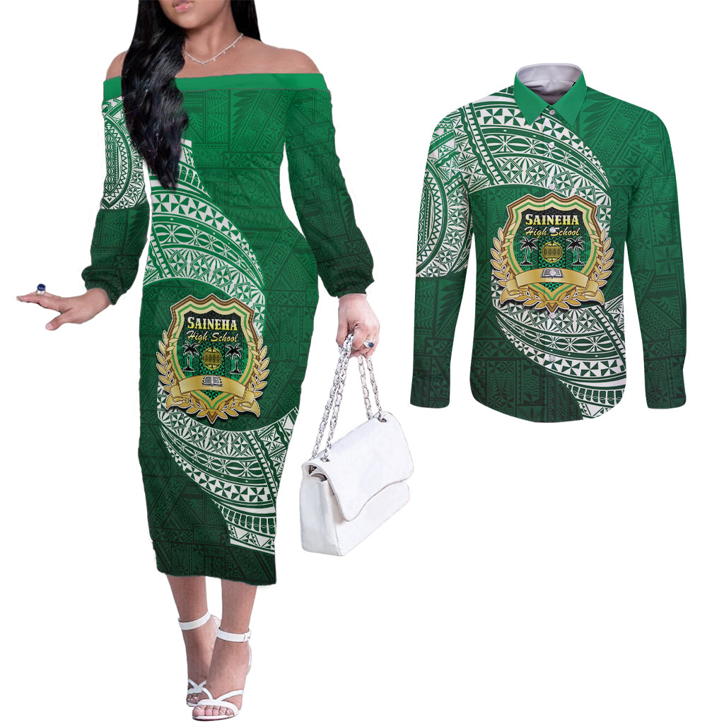 Tonga Saineha High School Couples Matching Off The Shoulder Long Sleeve Dress and Long Sleeve Button Shirt Traditional Ngatu and Polynesian Pattern LT03 Green - Polynesian Pride