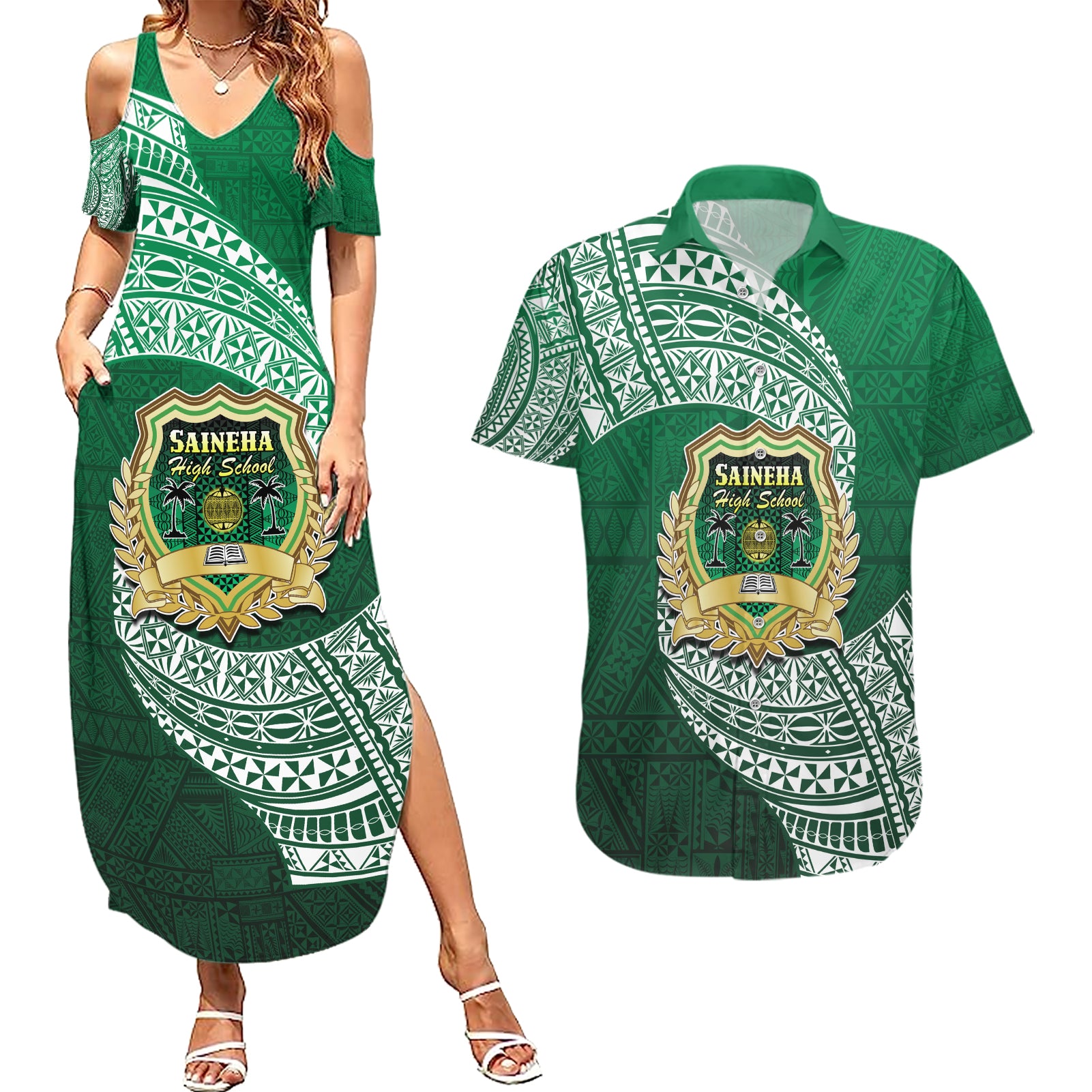 Tonga Saineha High School Couples Matching Summer Maxi Dress and Hawaiian Shirt Traditional Ngatu and Polynesian Pattern LT03 Green - Polynesian Pride