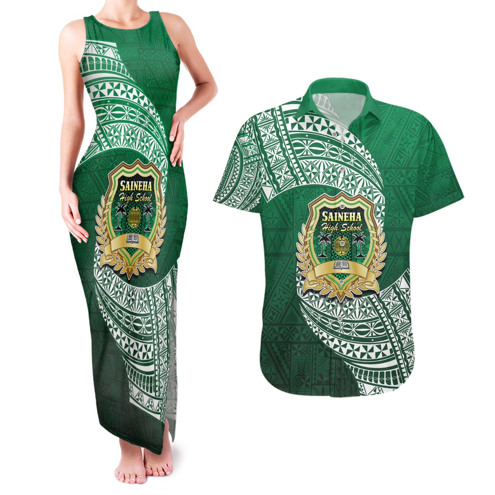 Tonga Saineha High School Couples Matching Tank Maxi Dress and Hawaiian Shirt Traditional Ngatu and Polynesian Pattern LT03 Green - Polynesian Pride