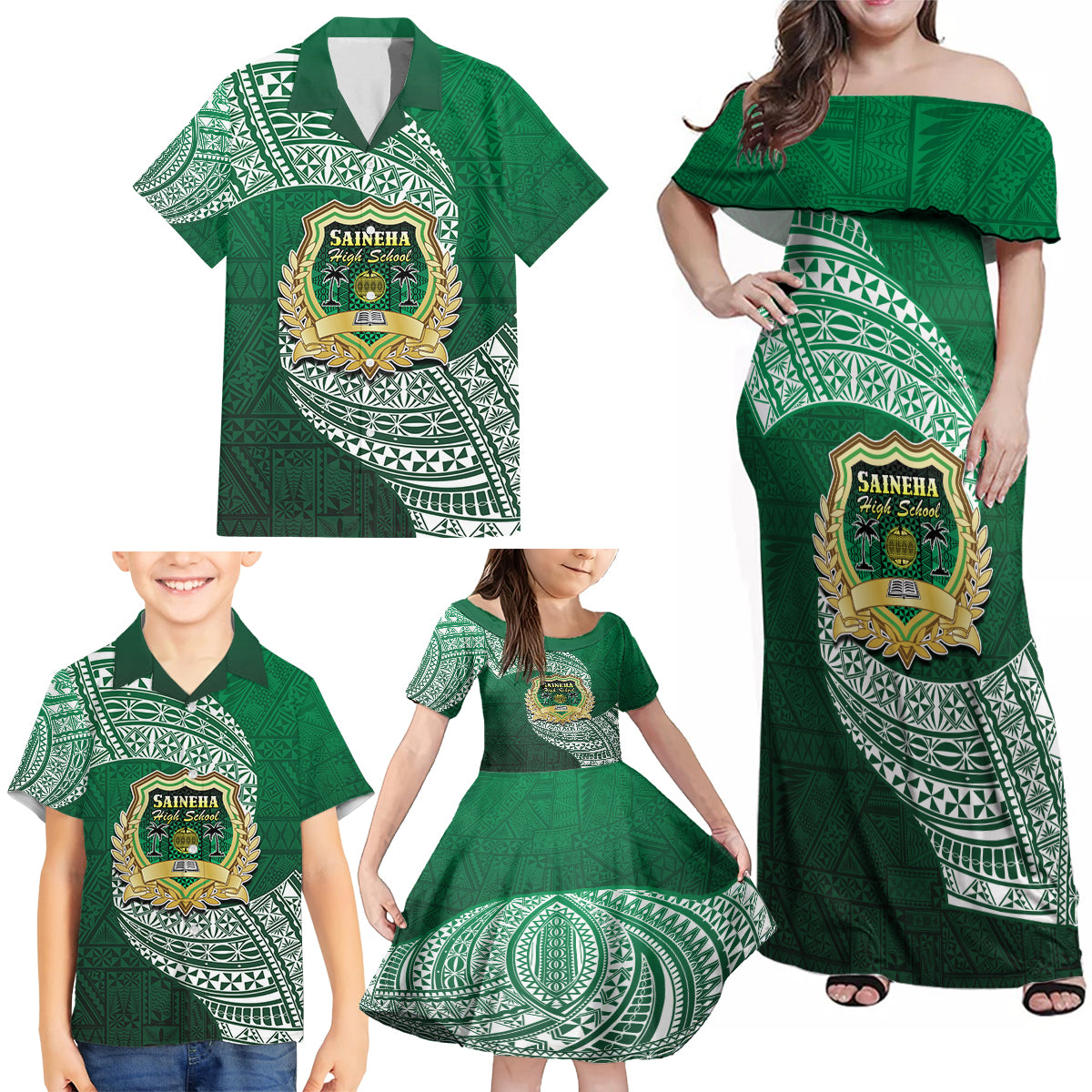 Tonga Saineha High School Family Matching Off Shoulder Maxi Dress and Hawaiian Shirt Traditional Ngatu and Polynesian Pattern LT03 - Polynesian Pride