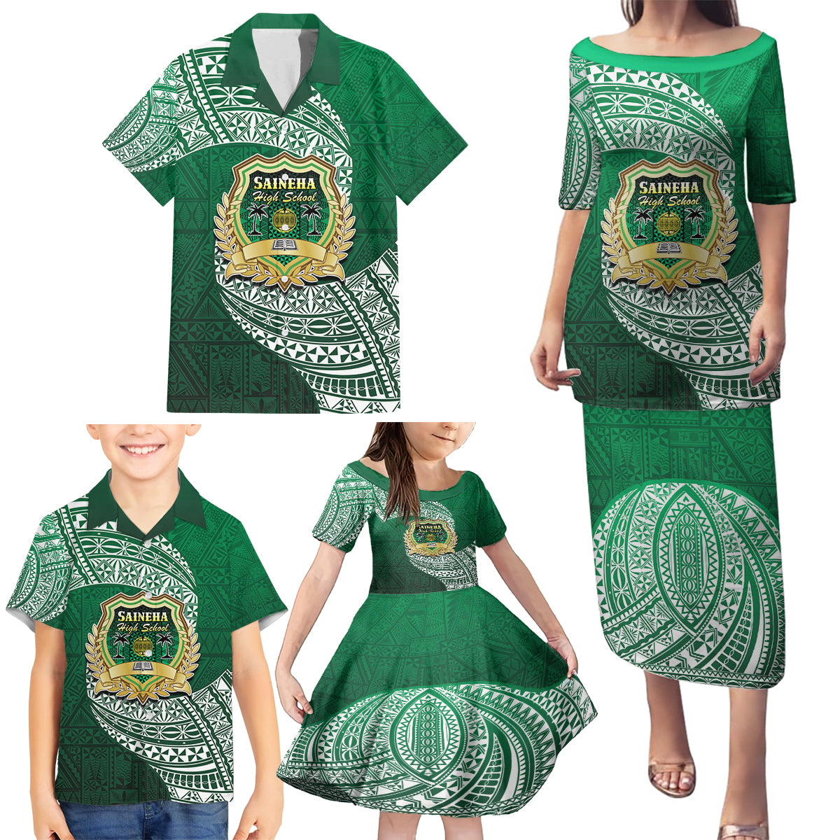 Tonga Saineha High School Family Matching Puletasi Dress and Hawaiian Shirt Traditional Ngatu and Polynesian Pattern LT03 - Polynesian Pride