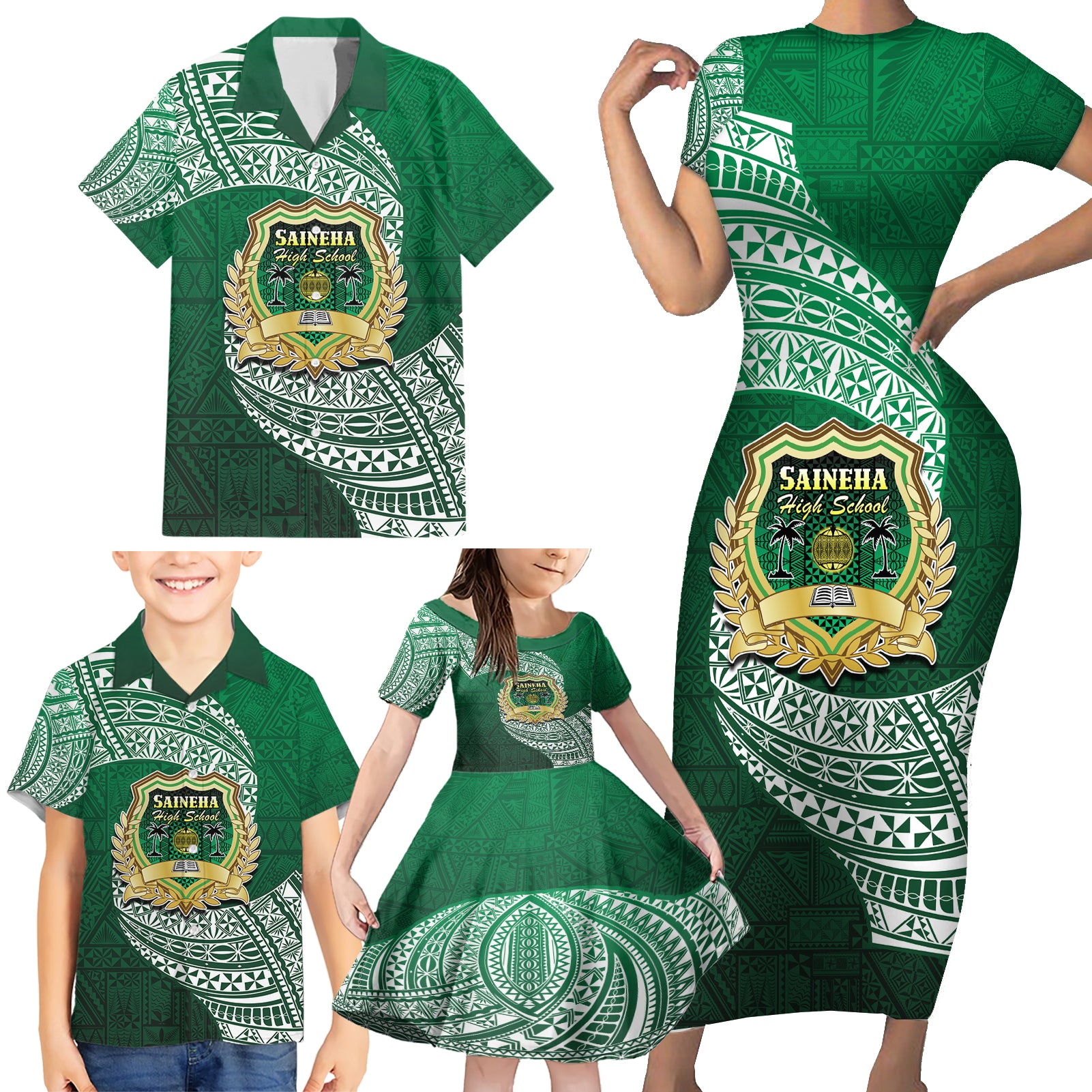 Tonga Saineha High School Family Matching Short Sleeve Bodycon Dress and Hawaiian Shirt Traditional Ngatu and Polynesian Pattern LT03 - Polynesian Pride