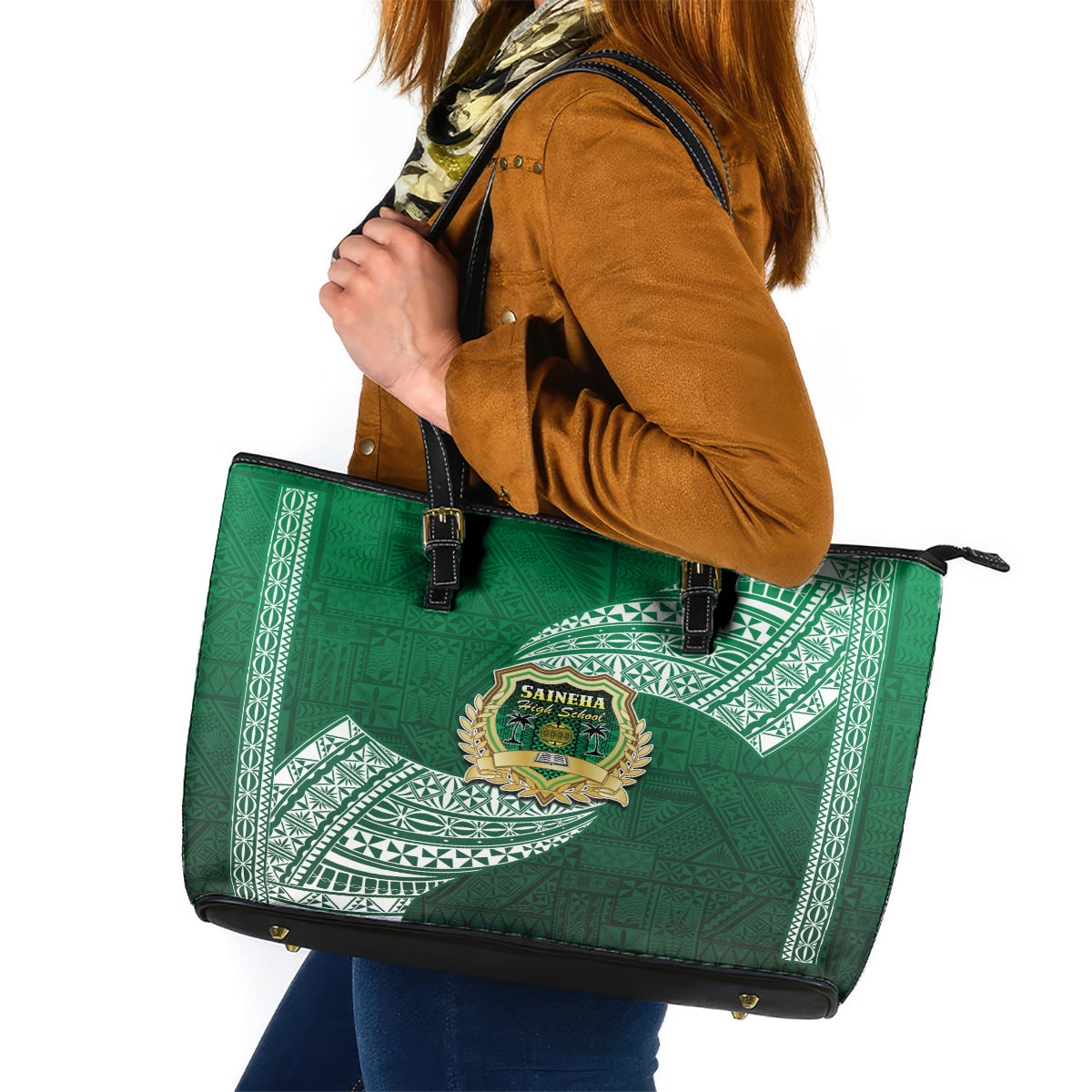 Tonga Saineha High School Leather Tote Bag Traditional Ngatu and Polynesian Pattern LT03 Green - Polynesian Pride