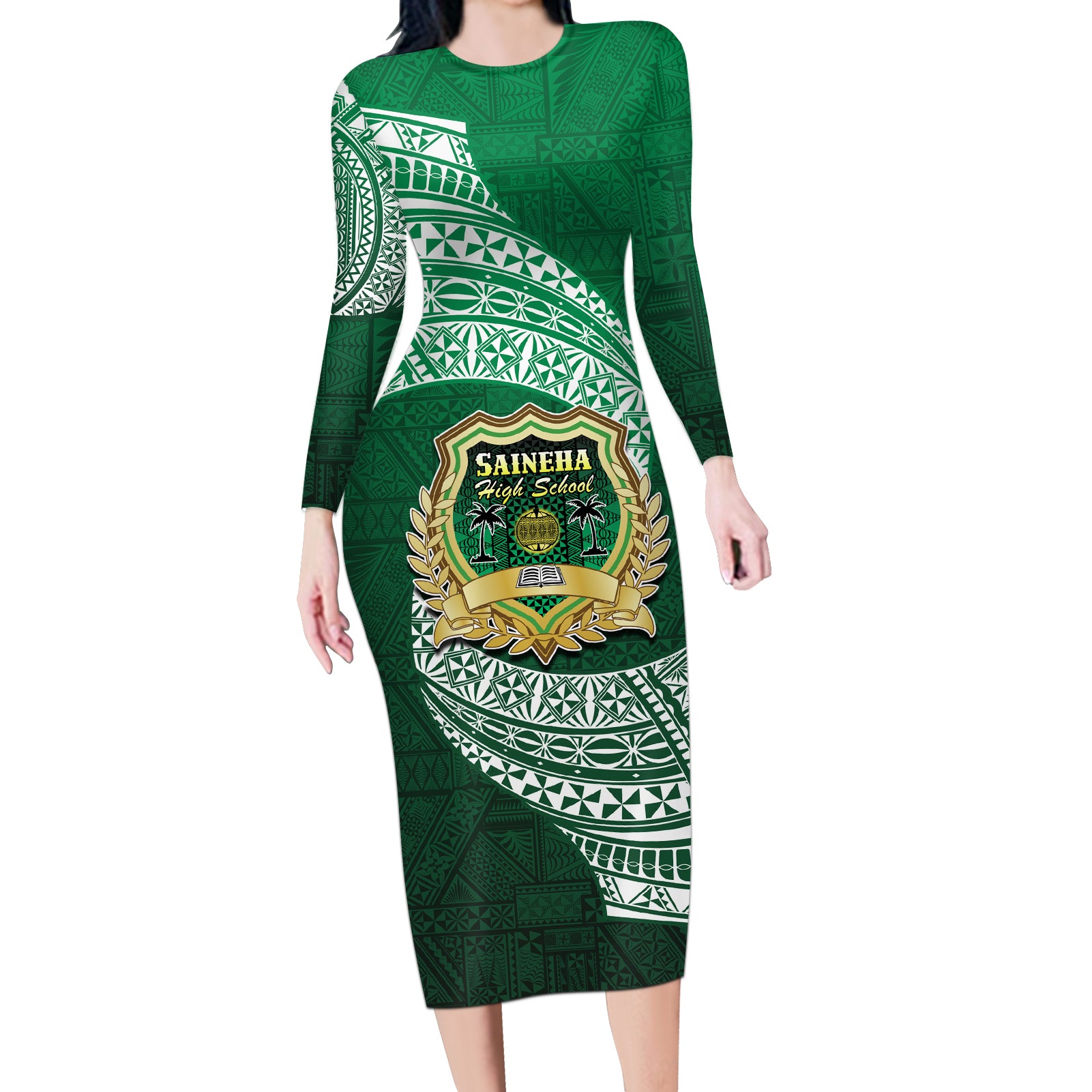 Tonga Saineha High School Long Sleeve Bodycon Dress Traditional Ngatu and Polynesian Pattern LT03 Long Dress Green - Polynesian Pride