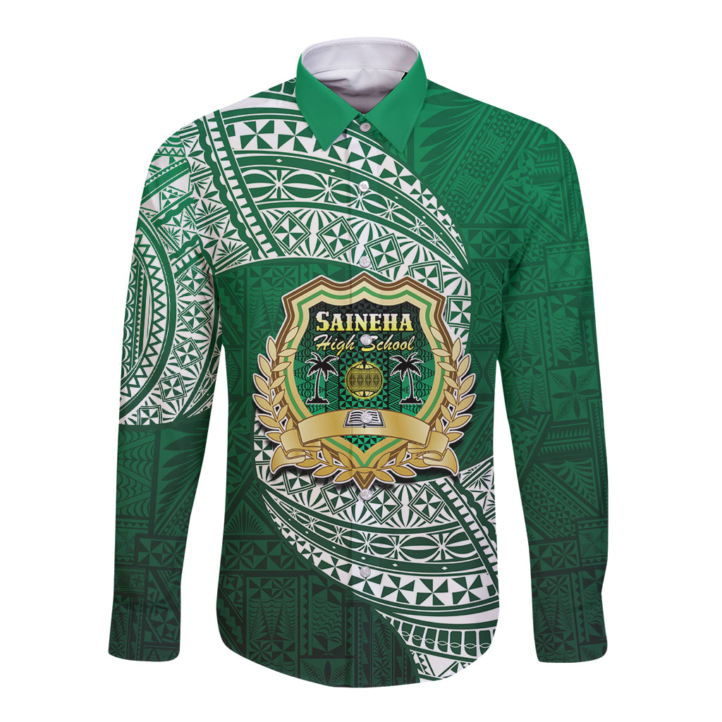 Tonga Saineha High School Long Sleeve Button Shirt Traditional Ngatu and Polynesian Pattern LT03 Unisex Green - Polynesian Pride