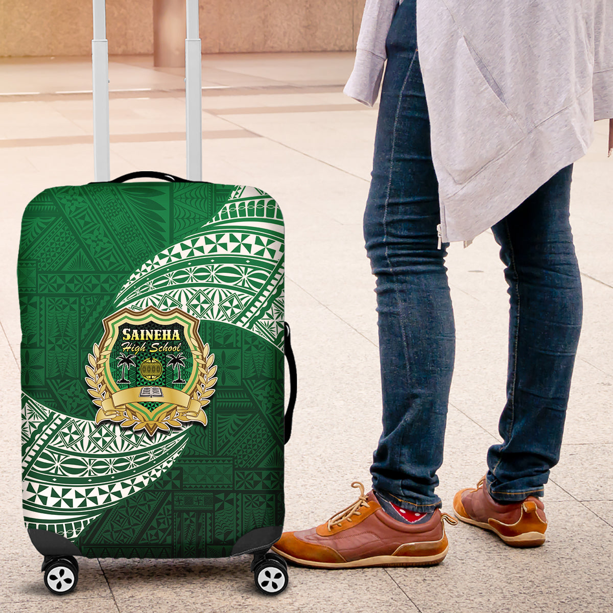 Tonga Saineha High School Luggage Cover Traditional Ngatu and Polynesian Pattern LT03 Green - Polynesian Pride