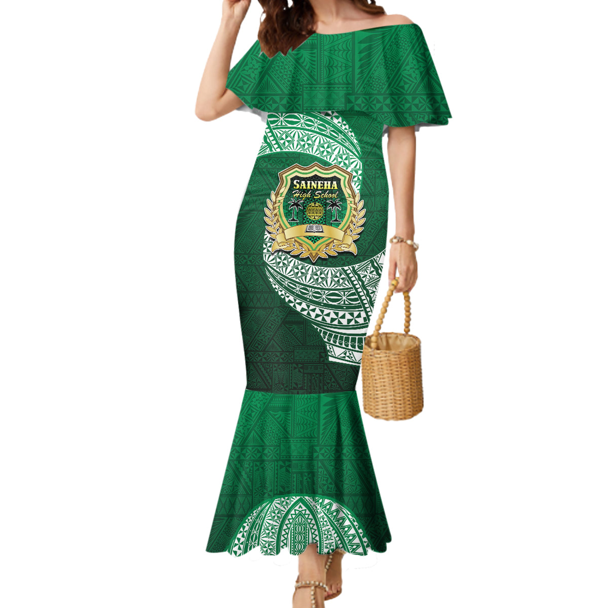 Tonga Saineha High School Mermaid Dress Traditional Ngatu and Polynesian Pattern LT03 Women Green - Polynesian Pride