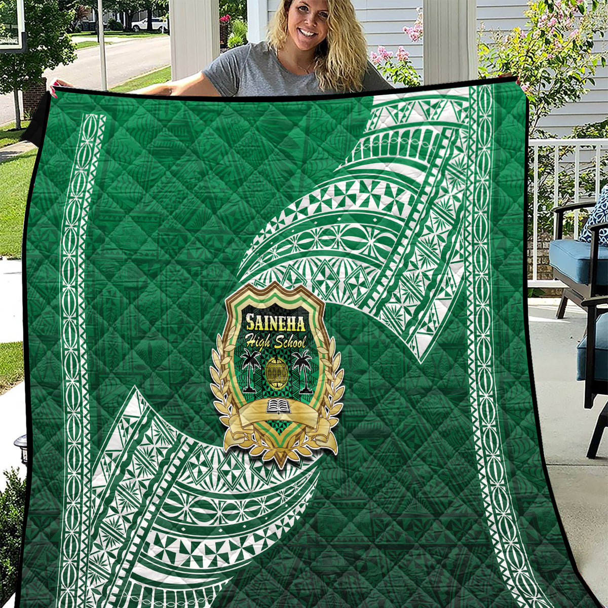 Tonga Saineha High School Quilt Traditional Ngatu and Polynesian Pattern LT03 Green - Polynesian Pride