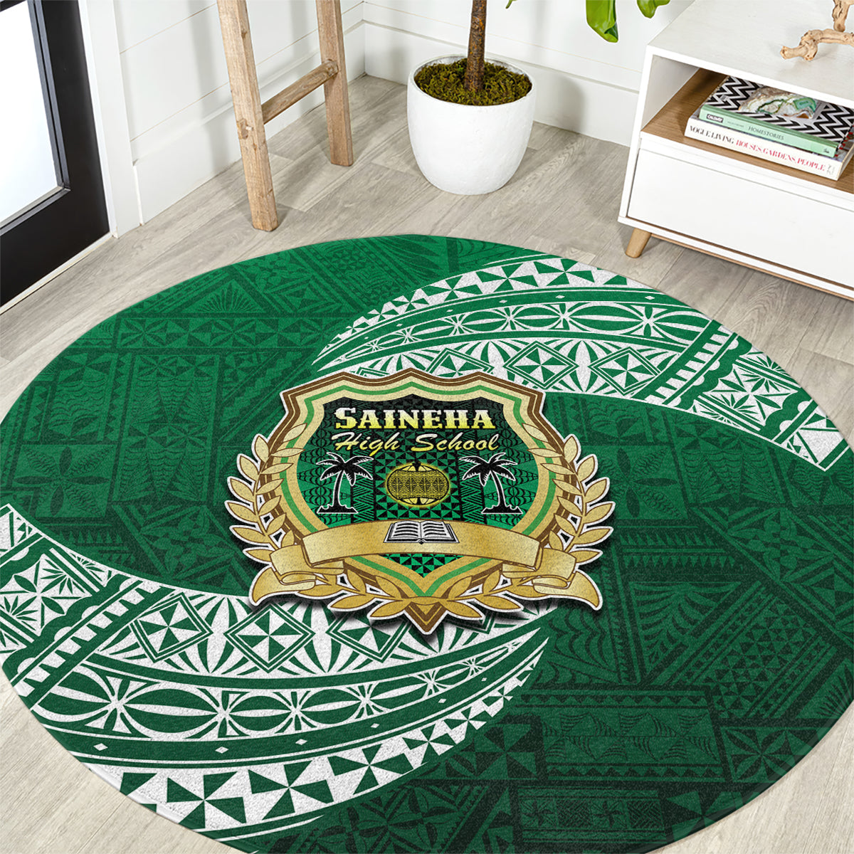 Tonga Saineha High School Round Carpet Traditional Ngatu and Polynesian Pattern LT03 Green - Polynesian Pride