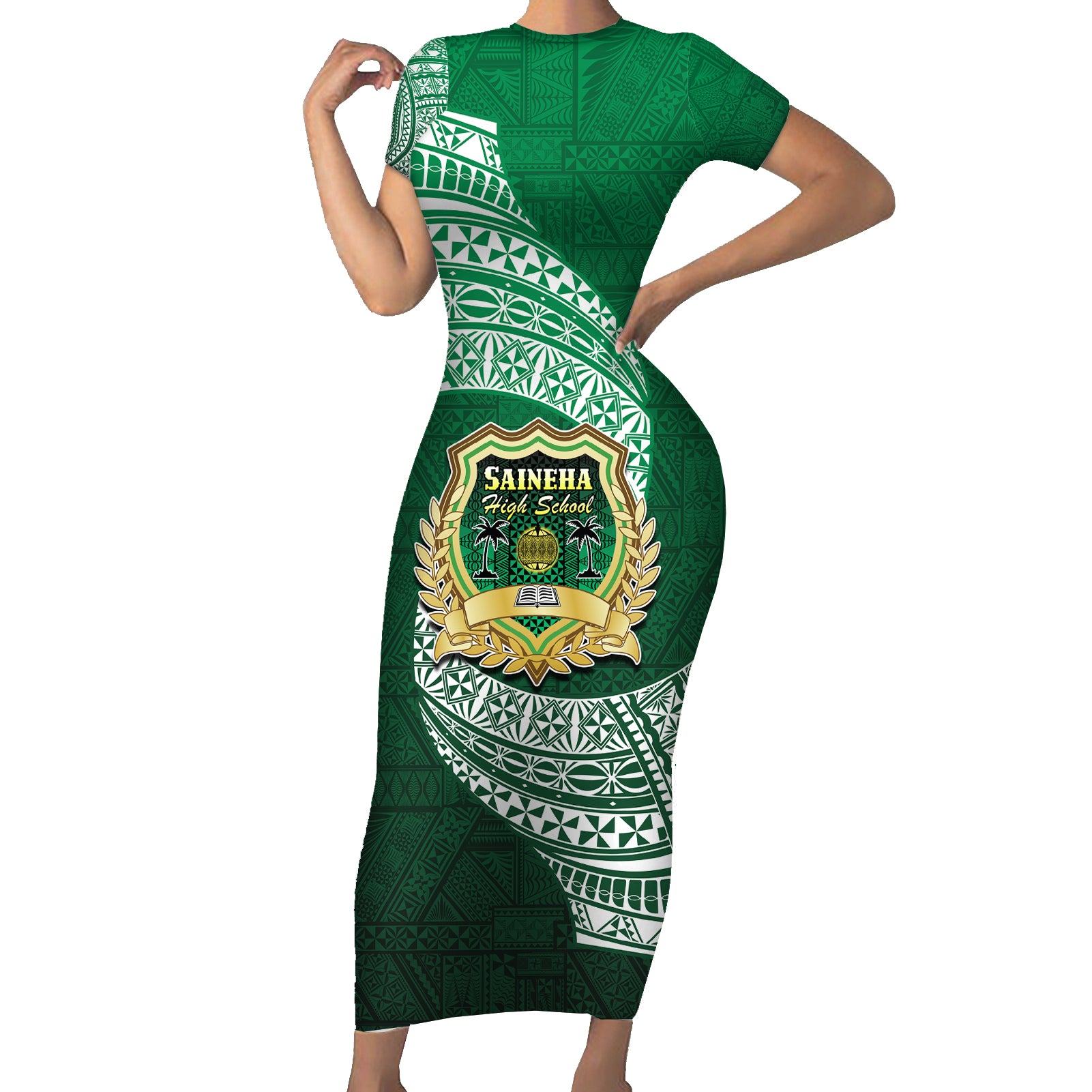 Tonga Saineha High School Short Sleeve Bodycon Dress Traditional Ngatu and Polynesian Pattern LT03 Long Dress Green - Polynesian Pride