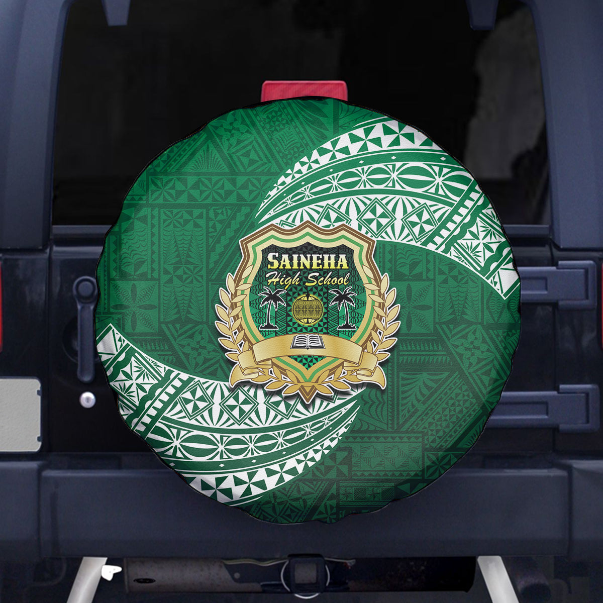 Tonga Saineha High School Spare Tire Cover Traditional Ngatu and Polynesian Pattern LT03 Green - Polynesian Pride