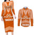 Tonga Tailulu College Couples Matching Long Sleeve Bodycon Dress and Long Sleeve Button Shirt Traditional Ngatu and Polynesian Pattern LT03 Orange - Polynesian Pride