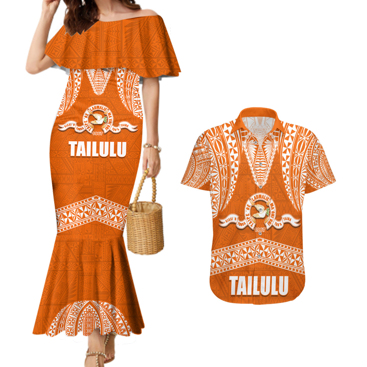 Tonga Tailulu College Couples Matching Mermaid Dress and Hawaiian Shirt Traditional Ngatu and Polynesian Pattern LT03 Orange - Polynesian Pride